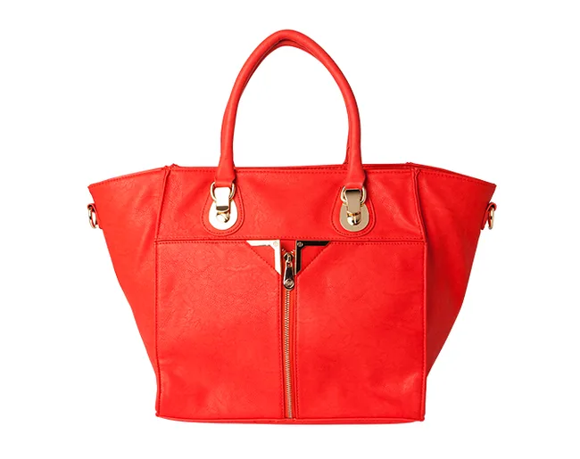 Red handbag with gold hardware, featuring a front zipper pocket and two handles.