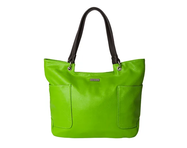 A bright green leather tote bag with black handles and two front pockets.