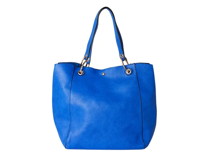 Blue leather tote bag with gold hardware and twin handles.