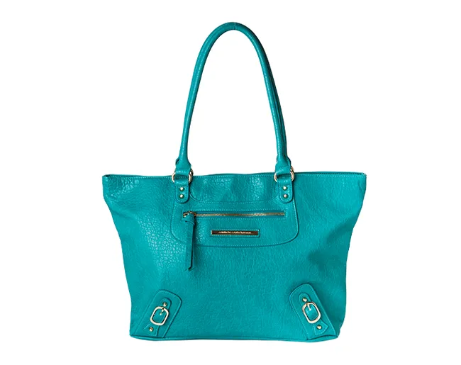 Turquoise leather tote bag with zip pocket and buckles, featuring a textured finish.