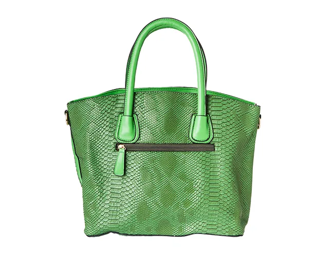 Green faux snakeskin handbag with two handles and a front zip pocket.