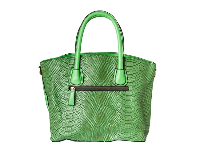 Green faux snakeskin handbag with two handles and a front zip pocket.