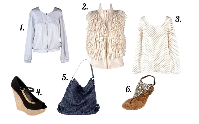 Various fashion items: a jacket, furry vest, knit sweater, wedge shoe, woven bag, and jeweled sandal.