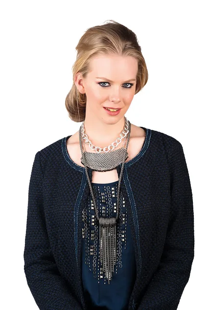 Satin top $109 (6-16), knit jacket $179 (6-16), chain link necklace $39, all from Esprit. Beaten metal necklace $19.99 from Glassons. Long chain tassel necklace $15.99 from Shanton