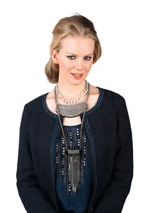 Satin top $109 (6-16), knit jacket $179 (6-16), chain link necklace $39, all from Esprit. Beaten metal necklace $19.99 from Glassons. Long chain tassel necklace $15.99 from Shanton