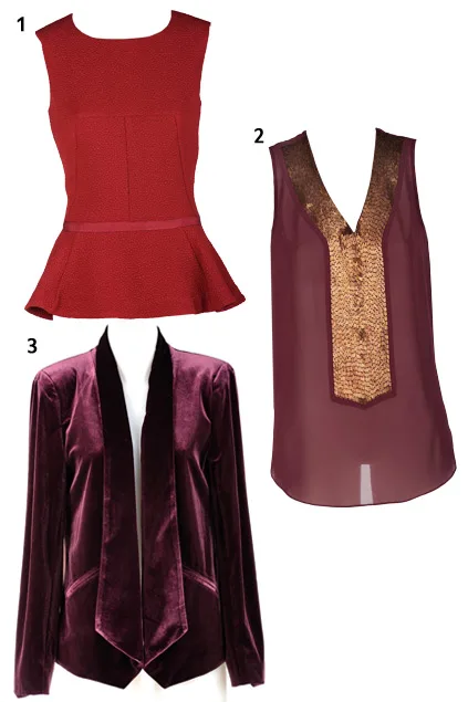 Three women's tops: red peplum top, sleeveless burgundy top with gold detail, and wine velvet open-front blazer.