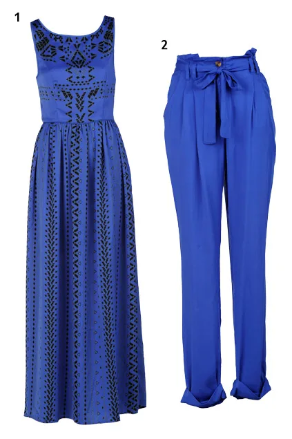 "Blue patterned maxi dress and matching blue high-waisted pants with a tied waist."