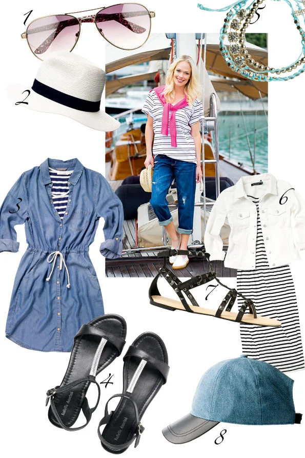 Fashion collage featuring nautical style: sunglasses, a white hat, denim dress, sandals, jewelry, and a striped outfit.