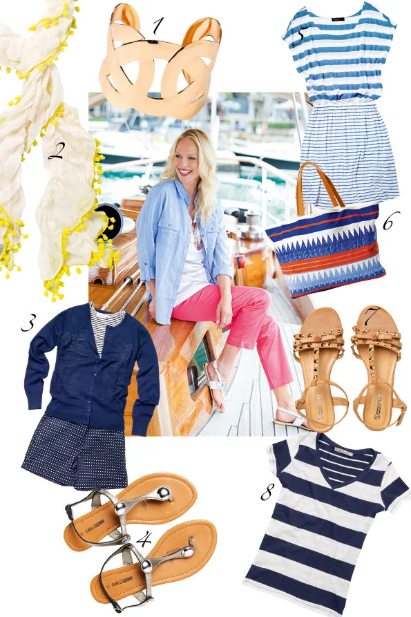 Yacht fashion collage with a smiling woman in a blue shirt and pink pants, surrounded by summer clothing and accessories.