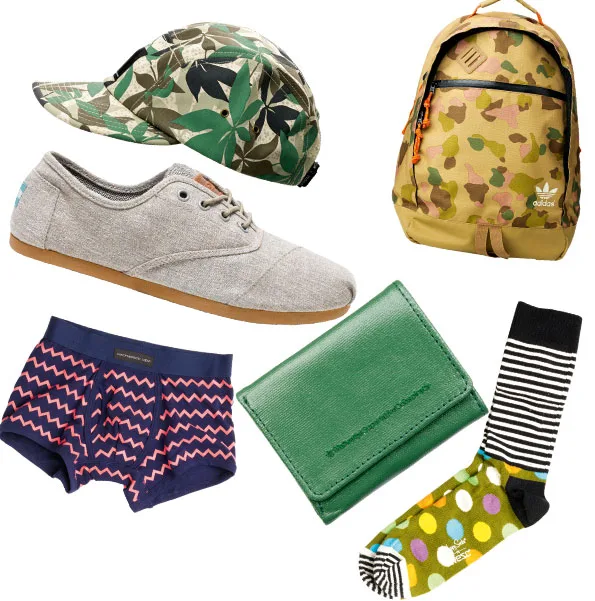 Patterned cap, backpack, casual shoe, zigzag shorts, green wallet, and colorful socks arranged on a white background.