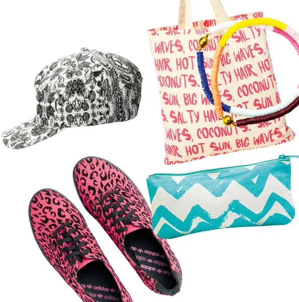 Accessories including a patterned cap, pink leopard shoes, a printed tote bag, zigzag pouch, and colorful bracelets.