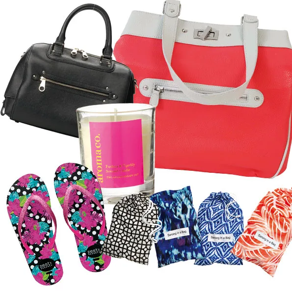 Collection of accessories: two handbags, colorful flip flops, a scented candle, and patterned fabric bags.