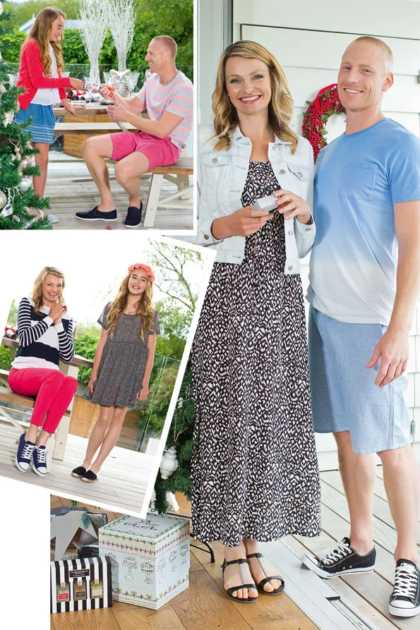 Casual family in summer outfits on a porch, exchanging gifts and enjoying a sunny day.