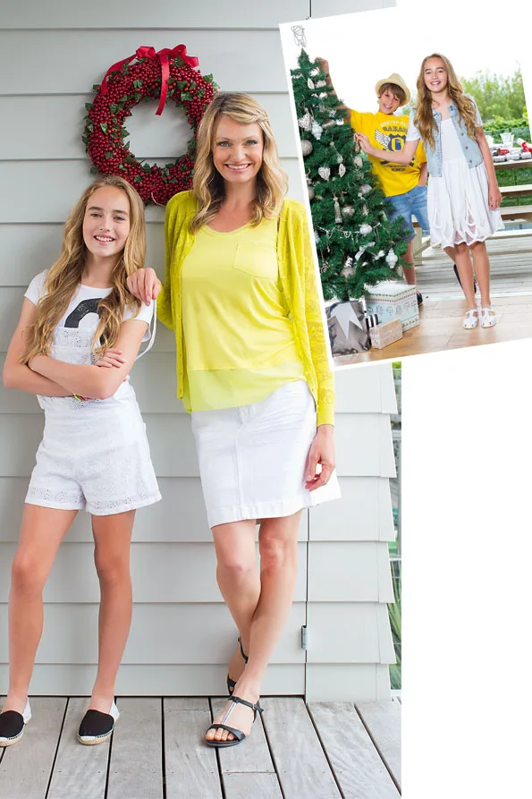 Mother and daughter smiling, standing by a holiday wreath, with an inset photo of kids by a Christmas tree.