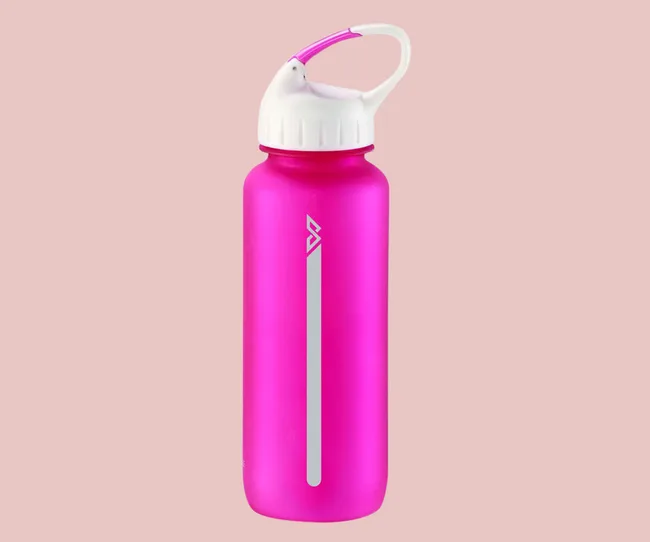 A bright pink sports water bottle with a white cap and carrying handle on a light pink background.