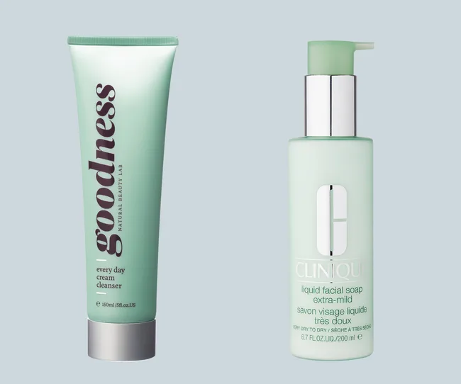 Mint-colored goodness cream cleanser and Clinique liquid facial soap against a light background.