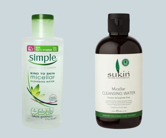 Two bottles of micellar cleansing water: Simple on the left and Sukin on the right, both for skincare.