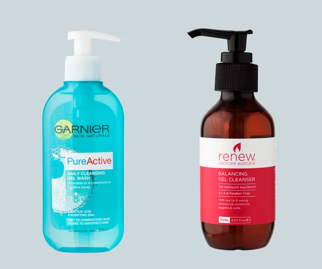 Garnier Pure Active gel wash and Renew Skincare Balancing Gel Cleanser bottles side by side on a light blue background.