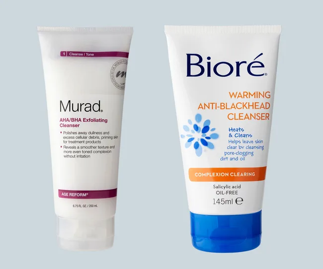Murad AHA/BHA Exfoliating Cleanser and Bioré Warming Anti-Blackhead Cleanser tubes on a light background.
