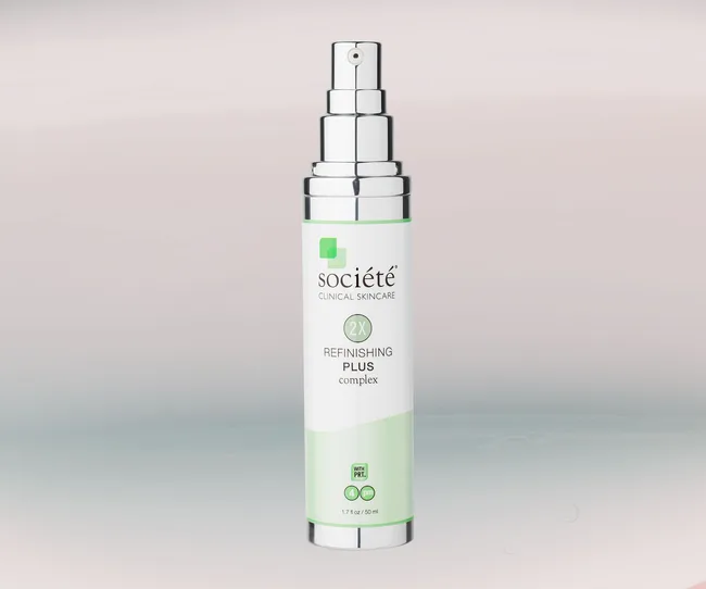 Soci&eacute;t&eacute; Clinical Skincare Refinishing Plus Complex bottle with silver pump on a gradient background.