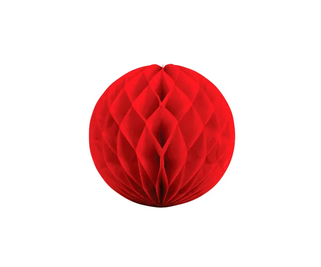 Red honeycomb paper ball decoration with a geometric pattern against a white background.