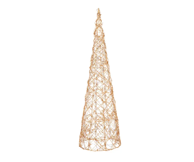 Golden wire Christmas tree with lights on a white background.