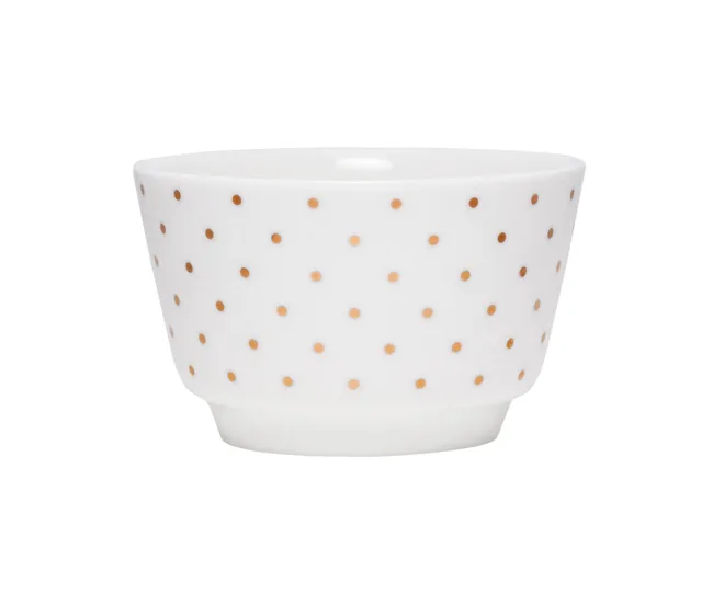 White ceramic bowl with gold polka dots.