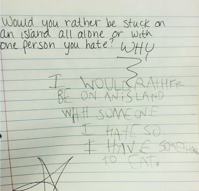 A notebook page with a question about being stuck on an island and a humorous response about having someone to eat.