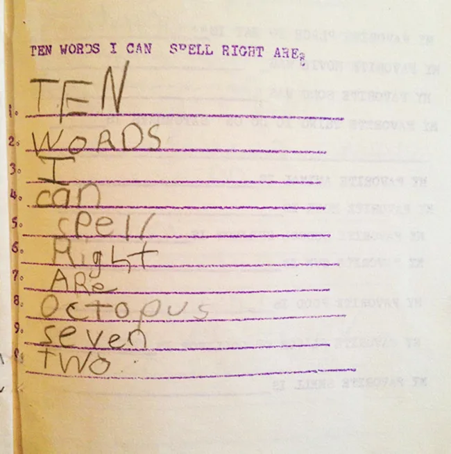 Handwritten list titled "Ten Words I Can Spell Right Are" with the words beginning each line.