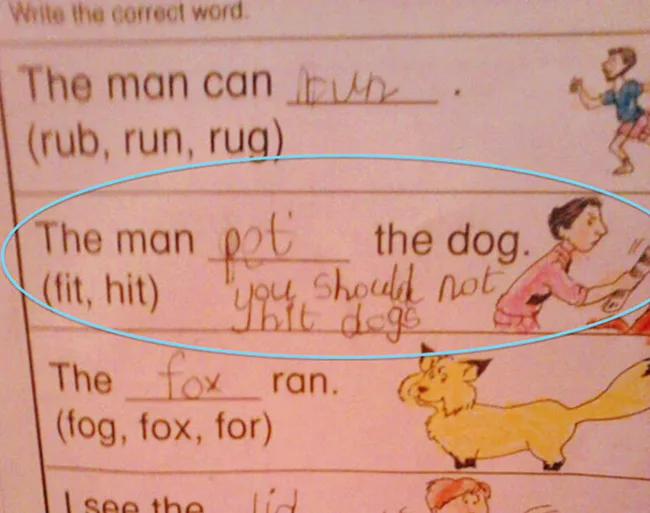 A child's worksheet with a corrected sentence: "The man pet the dog," and a note: "you should not hit dogs."