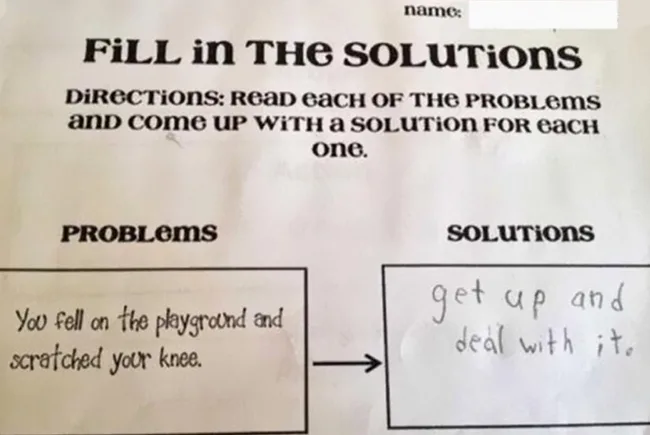 Problem-solving worksheet with a handwritten solution: "get up and deal with it."