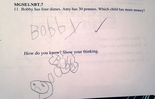A math question about Bobby and Amy's money, with "Bobby" and a thinking bubble showing his name.
