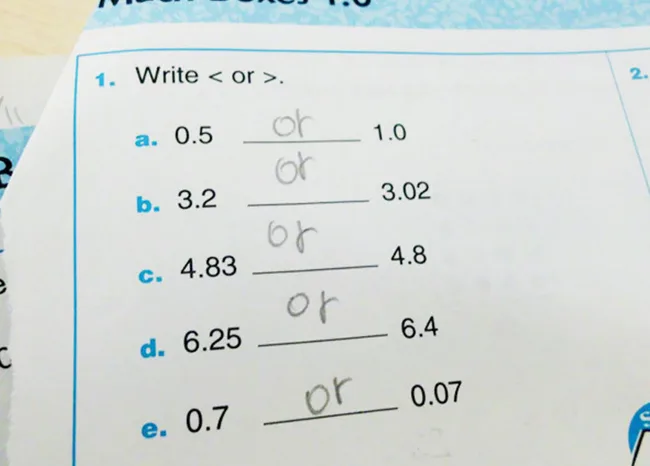 Math worksheet asking to compare numbers using "", handwritten &ldquo;or&rdquo; between numbers.