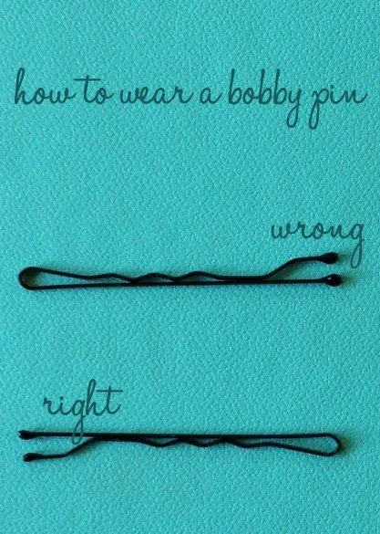 Image shows a labeled diagram on how to wear a bobby pin: "wrong" flat side up, "right" wavy side down.
