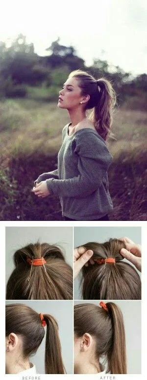 Woman with ponytail in a field; tutorial below shows steps for a voluminous ponytail using a hair clip.