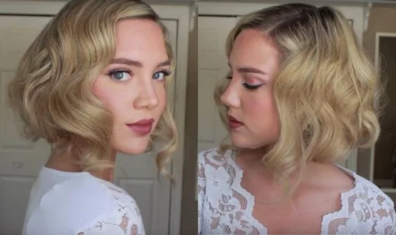 Blonde woman with wavy bob haircut, wearing a white lace top, shown from front and side views.