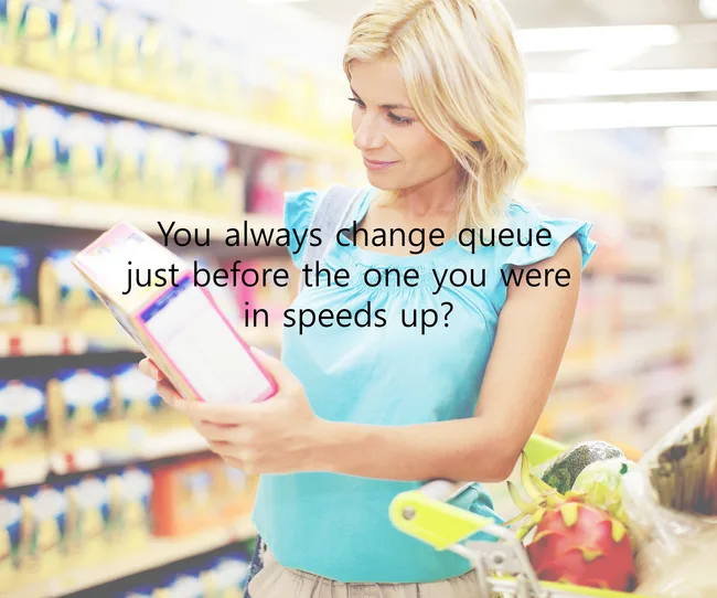 A woman in a blue shirt reads a product in a grocery aisle, with a text overlay about changing queues.