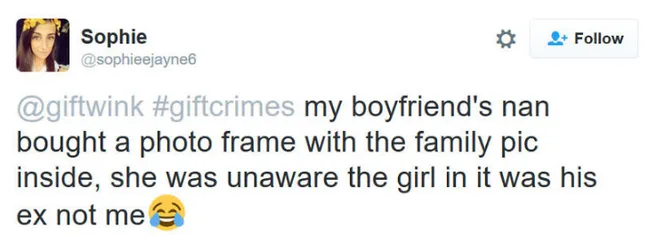 Tweet by Sophie: A humorous story about her boyfriend's nan gifting a photo frame with his ex's picture inside.