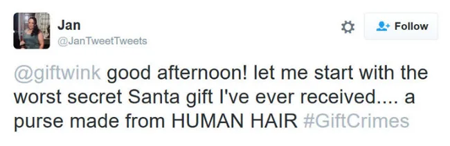 Tweet from Jan about a Secret Santa gift: a purse made from human hair.