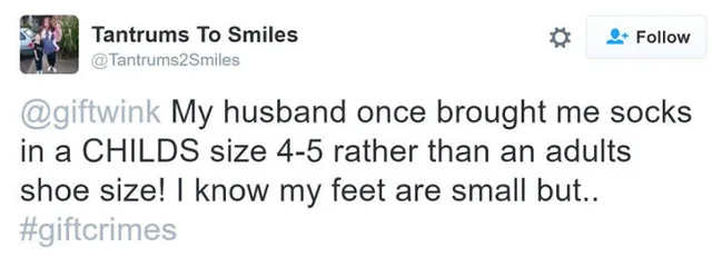 Tweet from Tantrums To Smiles: Husband bought socks in child's size 4-5 instead of adult. #giftcrimes