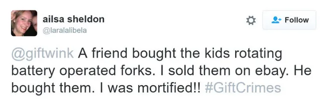 A tweet about reselling rotating battery-operated forks gifted to kids, marked by #GiftCrimes.