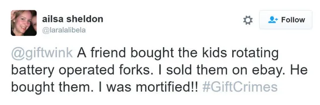A tweet about reselling rotating battery-operated forks gifted to kids, marked by #GiftCrimes.