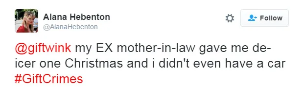 Tweet by Alana Hebenton about receiving de-icer for Christmas from her ex-mother-in-law without owning a car.