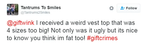 Tweet from @Tantrums2Smiles describes receiving an oversized, unattractive vest as a gift, using hashtag #giftcrimes.