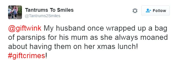 Tweet from Tantrums To Smiles describing wrapping parsnips as a Christmas gift for mum with hashtag #giftcrimes.