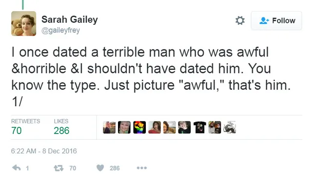 Tweet by Sarah Gailey about regretting dating a terrible man; dated December 8, 2016, with engagement stats.