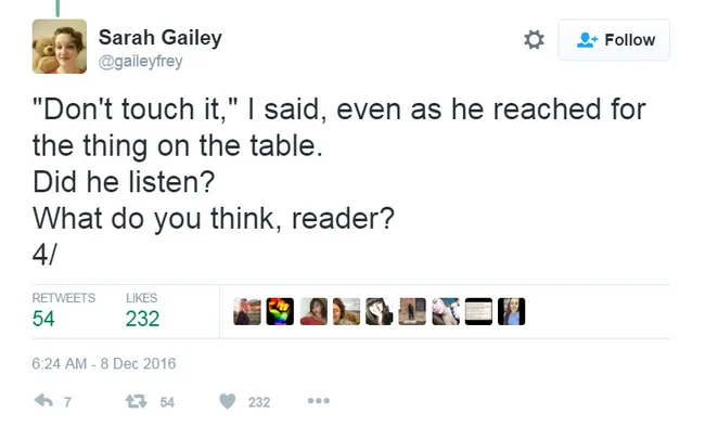 Sarah Gailey's tweet about someone reaching for something on a table, asking if they listened.