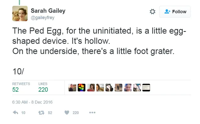 Tweet by Sarah Gailey describing a Ped Egg, a hollow, egg-shaped foot grater.