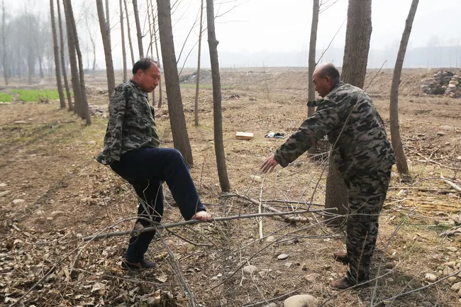 Two men in camouflage jackets navigating through a wooded area with fallen branches.