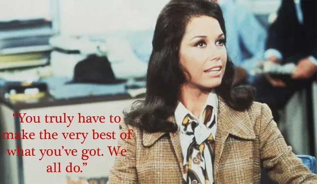 Woman in a plaid blazer with a scarf sits, quote saying "You truly have to make the very best of what you&rsquo;ve got. We all do."